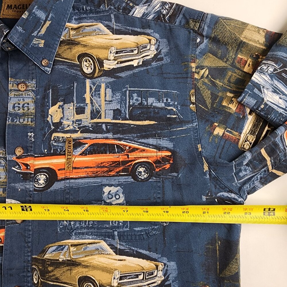 Magellan Sportswear Long Sleeve Medium Button Up Shirt Muscle Classic Cars VTG - Picture 8 of 9